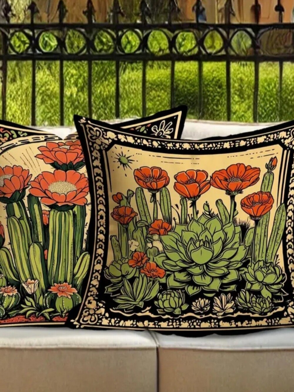 Southwestern Cactus Floral Throw Pillows— Orange & Green Set Of 2